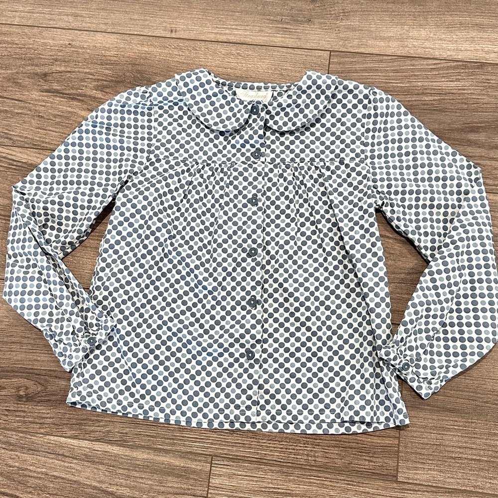 Strasburg Girls 8 Peter Pan Collar Blue and Gray Polka Dot Blouse